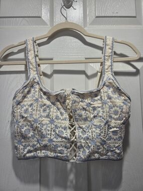 Aerie Eyelet Lace-Up Crop Bra Top Cream & Light Blue